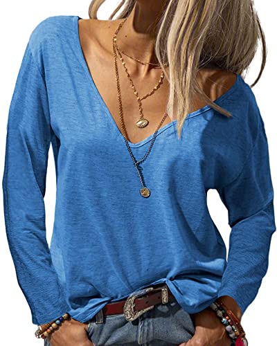 Tankaneo Damen Langarmshirt Mode Tiefer V-Ausschnitt Langarm Tops Solide Lässig Lose Basic Oberteil T-Shirt von Tankaneo