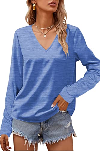 Tankaneo Damen Langarmshirts V-Ausschnitt Oberteile Pullover Loose Basic T-Shirt Bluse Top von Tankaneo