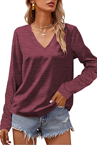 Tankaneo Damen Langarmshirts V-Ausschnitt Oberteile Pullover Loose Basic T-Shirt Bluse Top von Tankaneo