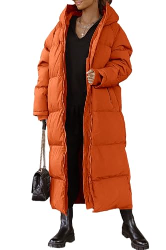 Tankaneo Damen Lange Wintermantel mit abzippbarer Kapuze Langarm Puffer Gesteppter Mantel Funktionsjacke in Daunenoptik Winter Oberbekleidung,Orange,L von Tankaneo