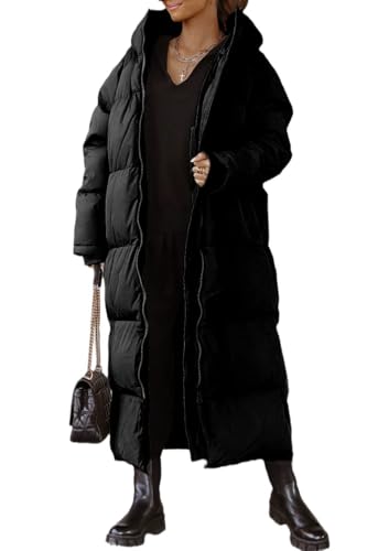 Tankaneo Damen Lange Wintermantel mit abzippbarer Kapuze Langarm Puffer Gesteppter Mantel Funktionsjacke in Daunenoptik Winter Oberbekleidung,Schwarz,S von Tankaneo