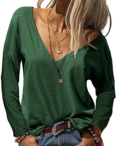 Tankaneo Damen Langarmshirt Mode Tiefer V-Ausschnitt Langarm Tops Solide Lässig Lose Basic Oberteil T-Shirt von Tankaneo