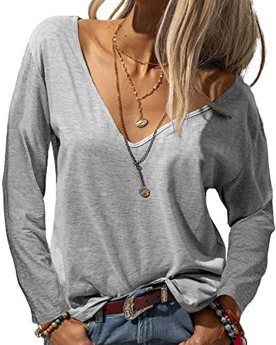 Tankaneo Damen Langarmshirt Mode Tiefer V-Ausschnitt Langarm Tops Solide Lässig Lose Basic Oberteil T-Shirt von Tankaneo