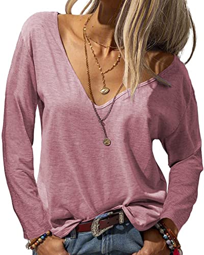 Tankaneo Damen Langarmshirt Mode Tiefer V-Ausschnitt Langarm Tops Solide Lässig Lose Basic Oberteil T-Shirt von Tankaneo