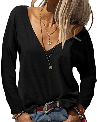 Tankaneo Damen Langarmshirt Mode Tiefer V-Ausschnitt Langarm Tops Solide Lässig Lose Basic Oberteil T-Shirt von Tankaneo