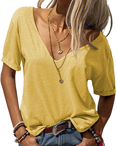Tankaneo Damen Mode tief V-Ausschnitt Kurze Ärmel Tops Solide Lässig Lose Basic T Shirt Gelb S von Tankaneo