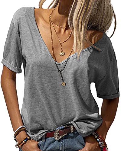Tankaneo Damen Mode tief V-Ausschnitt Kurze Ärmel Tops Solide Lässig Lose Basic T Shirt Grau L von Tankaneo