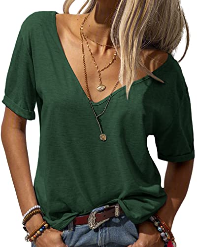 Tankaneo Damen Mode tief V-Ausschnitt Kurze Ärmel Tops Solide Lässig Lose Basic T Shirt Grün L von Tankaneo