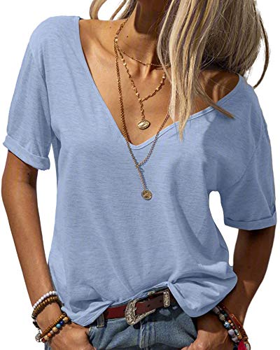 Tankaneo Damen Mode tief V-Ausschnitt Kurze Ärmel Tops Solide Lässig Lose Basic T Shirt Hellblau XL von Tankaneo