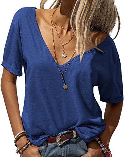 Tankaneo Damen Mode tief V-Ausschnitt Kurze Ärmel Tops Solide Lässig Lose Basic T Shirt Juwelenblau XL von Tankaneo