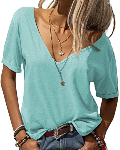 Tankaneo Damen Mode tief V-Ausschnitt Kurze Ärmel Tops Solide Lässig Lose Basic T Shirt Minze S von Tankaneo