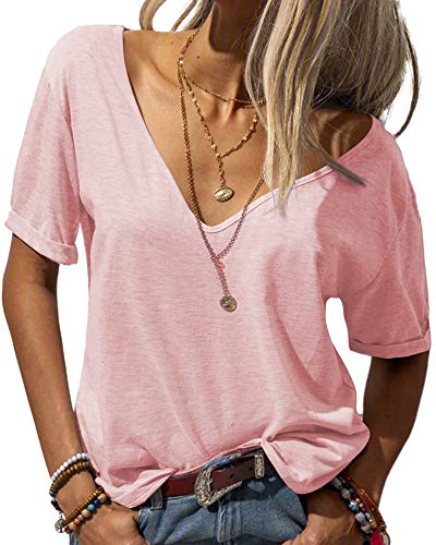Tankaneo Damen Mode tief V-Ausschnitt Kurze Ärmel Tops Solide Lässig Lose Basic T Shirt Rosa S von Tankaneo