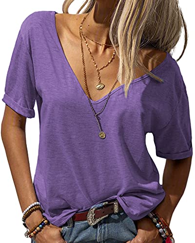 Tankaneo Damen Mode tief V-Ausschnitt Kurze Ärmel Tops Solide Lässig Lose Basic T Shirt Violett XXL von Tankaneo