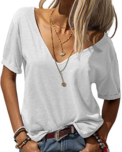 Tankaneo Damen Mode tief V-Ausschnitt Kurze Ärmel Tops Solide Lässig Lose Basic T Shirt von Tankaneo