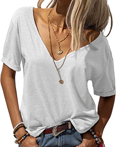 Tankaneo Damen Mode tief V-Ausschnitt Kurze Ärmel Tops Solide Lässig Lose Basic T Shirt Weiß XL von Tankaneo