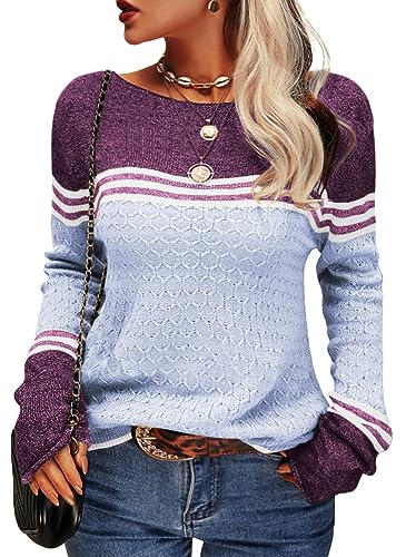 Tankaneo Damen Pullover Colorblock Langarm Rundhals Strickpullover Gestreift Slim Fit Strickwaren Tops von Tankaneo