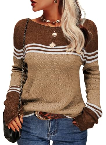 Tankaneo Damen Pullover Colorblock Langarm Rundhals Strickpullover Gestreift Slim Fit Strickwaren Tops von Tankaneo