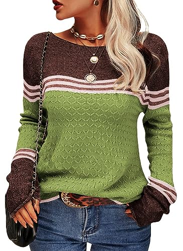 Tankaneo Damen Pullover Colorblock Langarm Rundhals Strickpullover Gestreift Slim Fit Strickwaren Tops von Tankaneo
