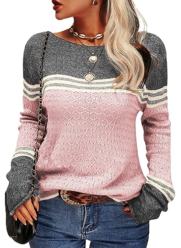 Tankaneo Damen Pullover Colorblock Langarm Rundhals Strickpullover Gestreift Slim Fit Strickwaren Tops von Tankaneo