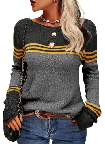 Tankaneo Damen Pullover Colorblock Langarm Rundhals Strickpullover Gestreift Slim Fit Strickwaren Tops von Tankaneo