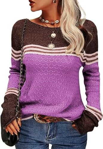 Tankaneo Damen Pullover Colorblock Langarm Rundhals Strickpullover Gestreift Slim Fit Strickwaren Tops von Tankaneo