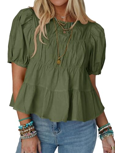 Tankaneo Damen Sommer Babydoll Tops Baumwolle Puffärmel T-Shirts Gesmokte Schößchen Bluse Casual Loose Fit Oberteile.Armeegrün.S von Tankaneo