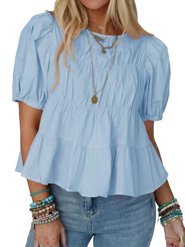 Tankaneo Damen Sommer Babydoll Tops Baumwolle Puffärmel T-Shirts Gesmokte Schößchen Bluse Casual Loose Fit Oberteile.Hellblau.S von Tankaneo