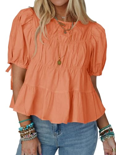 Tankaneo Damen Sommer Babydoll Tops Baumwolle Puffärmel T-Shirts Gesmokte Schößchen Bluse Casual Loose Fit Oberteile.Orange.XXL von Tankaneo