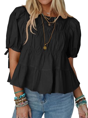 Tankaneo Damen Sommer Babydoll Tops Baumwolle Puffärmel T-Shirts Gesmokte Schößchen Bluse Casual Loose Fit Oberteile.Schwarz.M von Tankaneo