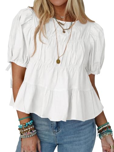 Tankaneo Damen Sommer Babydoll Tops Baumwolle Puffärmel T-Shirts Gesmokte Schößchen Bluse Casual Loose Fit Oberteile.Weiß.L von Tankaneo