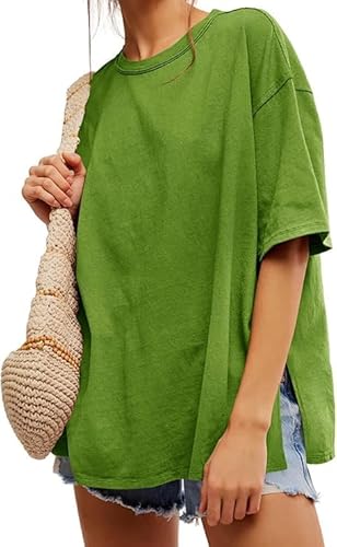 Tankaneo Damen T-Shirt Oversize Kurzarm Rundhals Oberteile Sommer Locker Einfarbig Bluse Lang Casual Basic Shirt Tops mit Seitenschlitzen Grün S von Tankaneo
