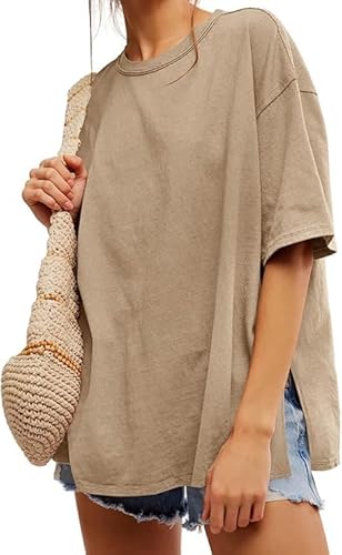 Tankaneo Damen T-Shirt Oversize Kurzarm Rundhals Oberteile Sommer Locker Einfarbig Bluse Lang Casual Basic Shirt Tops mit Seitenschlitzen Khaki XXL von Tankaneo