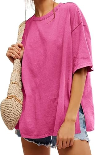 Tankaneo Damen T-Shirt Oversize Kurzarm Rundhals Oberteile Sommer Locker Einfarbig Bluse Lang Casual Basic Shirt Tops mit Seitenschlitzen Rosa Rot XL von Tankaneo