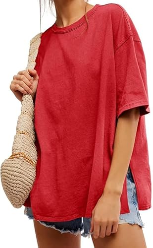 Tankaneo Damen T-Shirt Oversize Kurzarm Rundhals Oberteile Sommer Locker Einfarbig Bluse Lang Casual Basic Shirt Tops mit Seitenschlitzen Rot XXL von Tankaneo