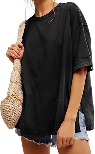Tankaneo Damen T-Shirt Oversize Kurzarm Rundhals Oberteile Sommer Locker Einfarbig Bluse Lang Casual Basic Shirt Tops mit Seitenschlitzen Schwarz XL von Tankaneo