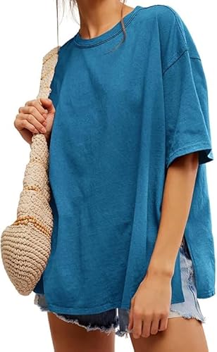 Tankaneo Damen T-Shirt Oversize Kurzarm Rundhals Oberteile Sommer Locker Einfarbig Bluse Lang Casual Basic Shirt Tops mit Seitenschlitzen Seeblau S von Tankaneo
