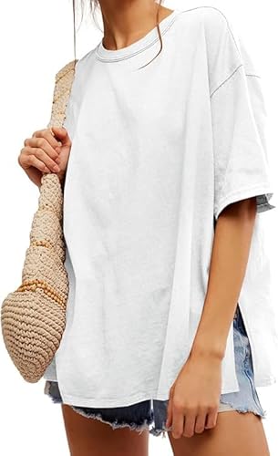 Tankaneo Damen T-Shirt Oversize Kurzarm Rundhals Oberteile Sommer Locker Einfarbig Bluse Lang Casual Basic Shirt Tops mit Seitenschlitzen Weiß XL von Tankaneo