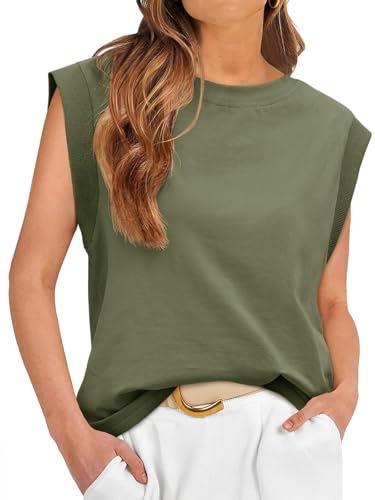 Tankaneo Damen Ärmelloses T Shirt Rundhals Tank Top Sommer Klassisches T Shirts Lässig Solide Basic Oberteile Armeegrün M von Tankaneo