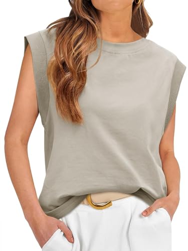 Tankaneo Damen Ärmelloses T Shirt Rundhals Tank Top Sommer Klassisches T Shirts Lässig Solide Basic Oberteile Grau M von Tankaneo