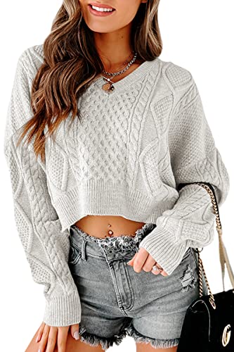 Tankaneo Damen V-Ausschnitt Cropped Pullover Langarm Zopfstrick Pullover Sweater Top, grau, Mittel von Tankaneo