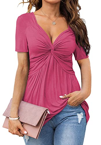 Tankaneo Damen V Ausschnitt Elegant Blusenshirt Front Knotted T-Shirt Kurzarm Dame Tunika Blusen Tops Oberteile von Tankaneo