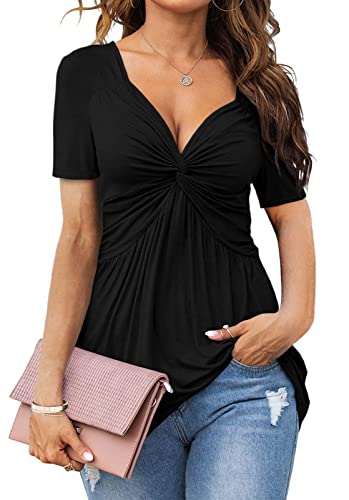 Tankaneo Damen V Ausschnitt Elegant Blusenshirt Front Knotted T-Shirt Kurzarm Dame Tunika Blusen Tops Oberteile von Tankaneo