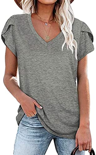 Tankaneo Damen V Ausschnitt T-Shirts Casual Sommer Blütenblatt Ärmel Mode Tops Fitness Oberteile von Tankaneo