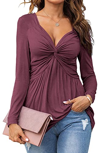 Tankaneo Damen V-Ausschnitt vorne geknotet Bluse Hemd Langarm Elegant Casual T-Shirt Einfarbig Pullover Tops, fuchsia, Klein von Tankaneo