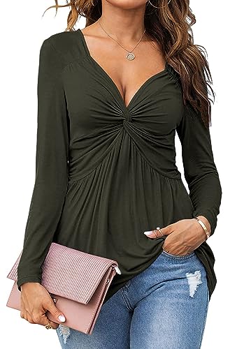 Tankaneo Damen V-Ausschnitt vorne geknotet Bluse Shirt Langarm Elegante lässige T-Shirt solide Farbe Pullover Tops von Tankaneo