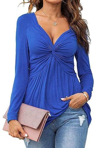 Tankaneo Damen V-Ausschnitt vorne geknotet Bluse Shirt Langarm Elegante lässige T-Shirt solide Farbe Pullover Tops von Tankaneo