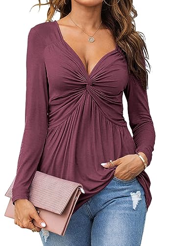 Tankaneo Damen V-Ausschnitt vorne geknotet Bluse Shirt Langarm Elegante lässige T-Shirt solide Farbe Pullover Tops von Tankaneo