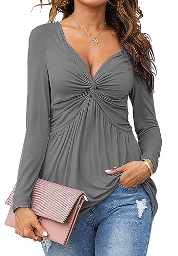 Tankaneo Damen V-Ausschnitt vorne geknotet Bluse Shirt Langarm Elegante lässige T-Shirt solide Farbe Pullover Tops von Tankaneo