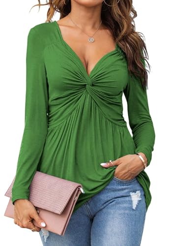 Tankaneo Damen V-Ausschnitt vorne geknotet Bluse Shirt Langarm Elegante lässige T-Shirt solide Farbe Pullover Tops von Tankaneo