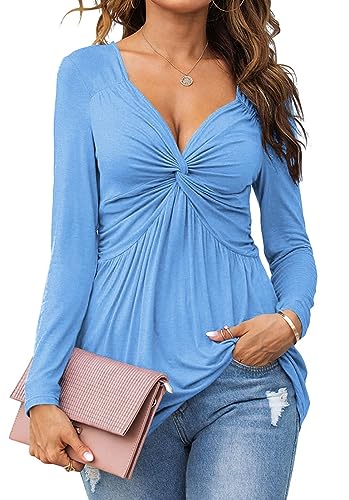 Tankaneo Damen V-Ausschnitt vorne geknotet Bluse Shirt Langarm Elegante lässige T-Shirt solide Farbe Pullover Tops von Tankaneo